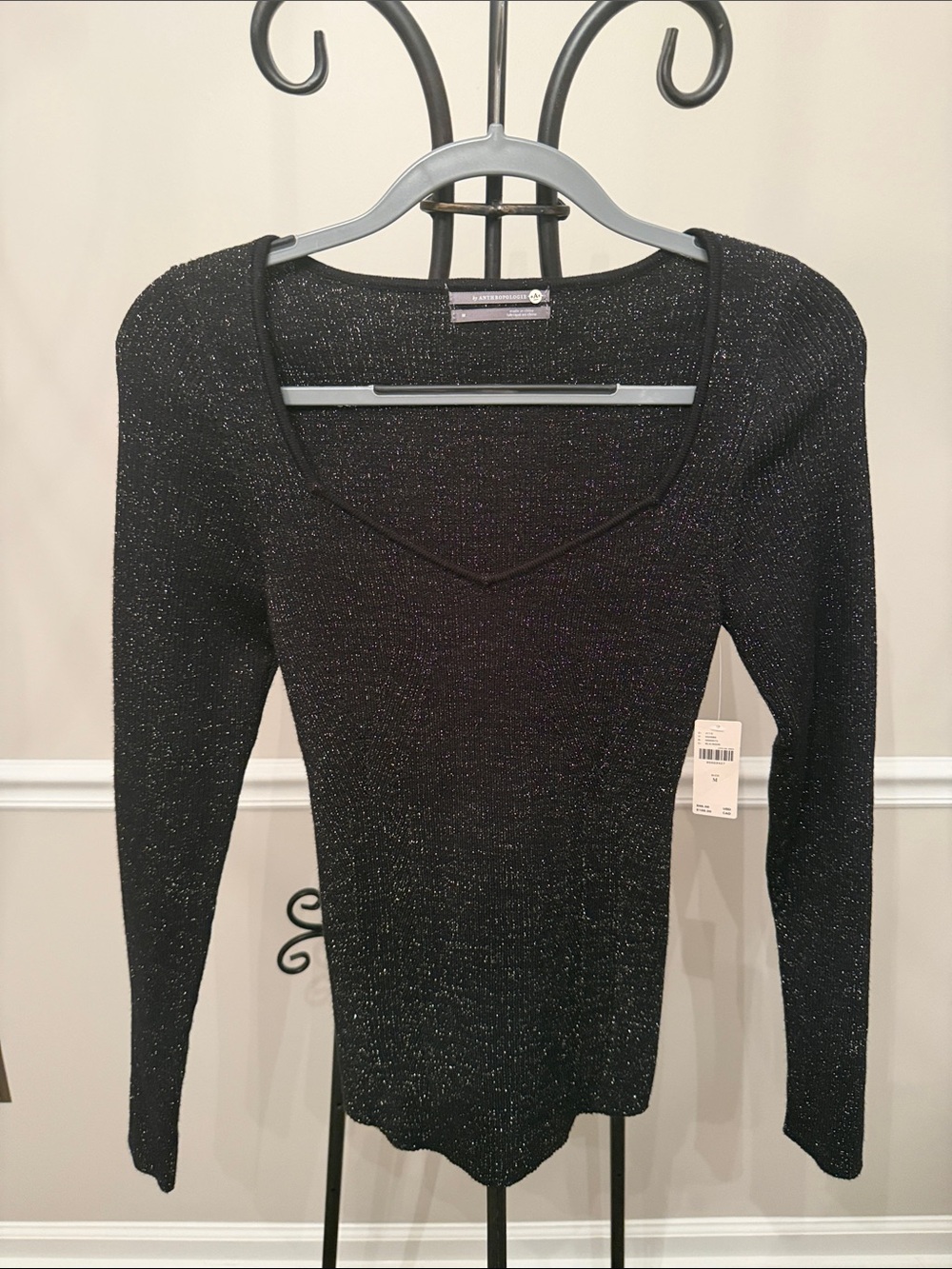 Anthropologie Black Metallic Shimmer Knit V-Neck Sweater Top NWT Medium M - Picture 3 of 7